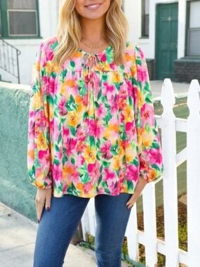 Haptics Colorful Floral Long Sleeve Blouse Relaxed Flowy Fit